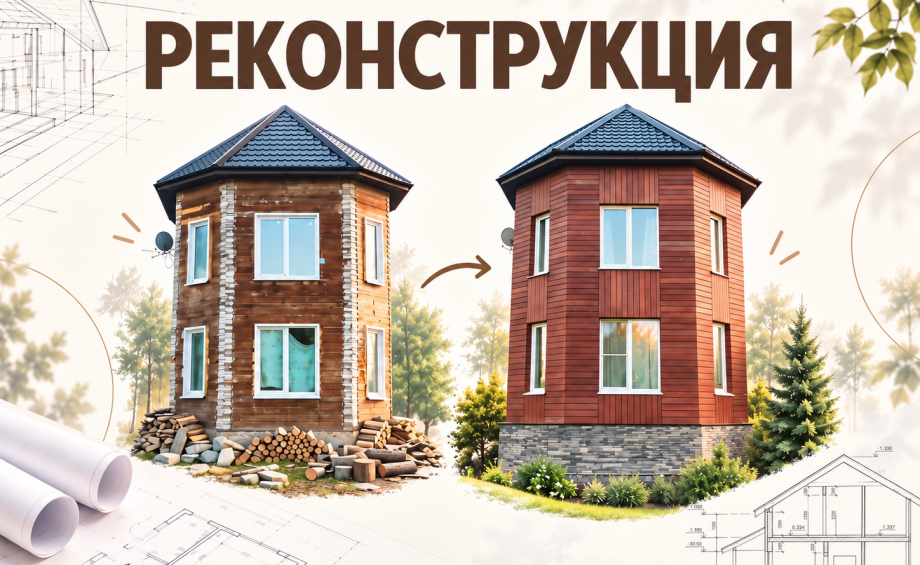 Реконструкция двухэтажного дома и бани из бруса.